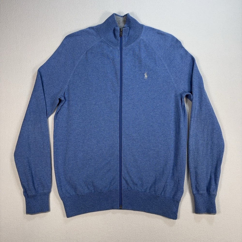 Polo Ralph Lauren Full‎ Zip Cardigan Sweater Men's S Blue Cotton Pony *HOLE*